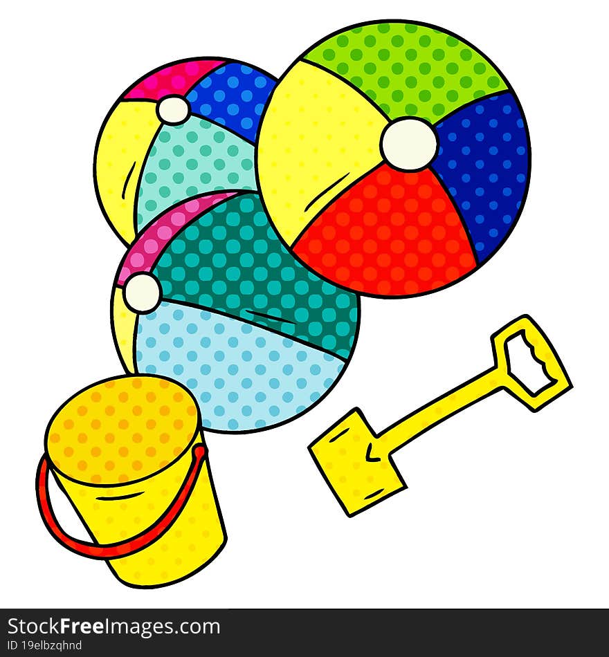 cartoon doodle beach balls with a bucket and spade