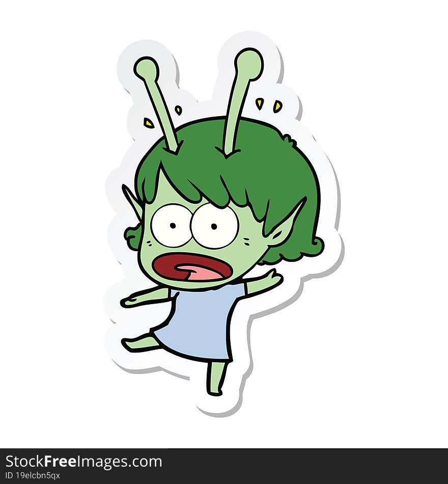 sticker of a cartoon shocked alien girl