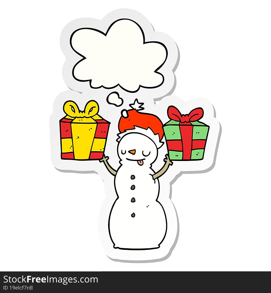 cartoon snowman with present with thought bubble as a printed sticker