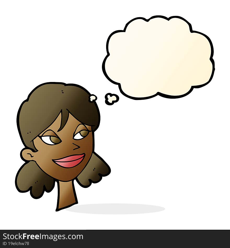 cartoon happy female face with thought bubble