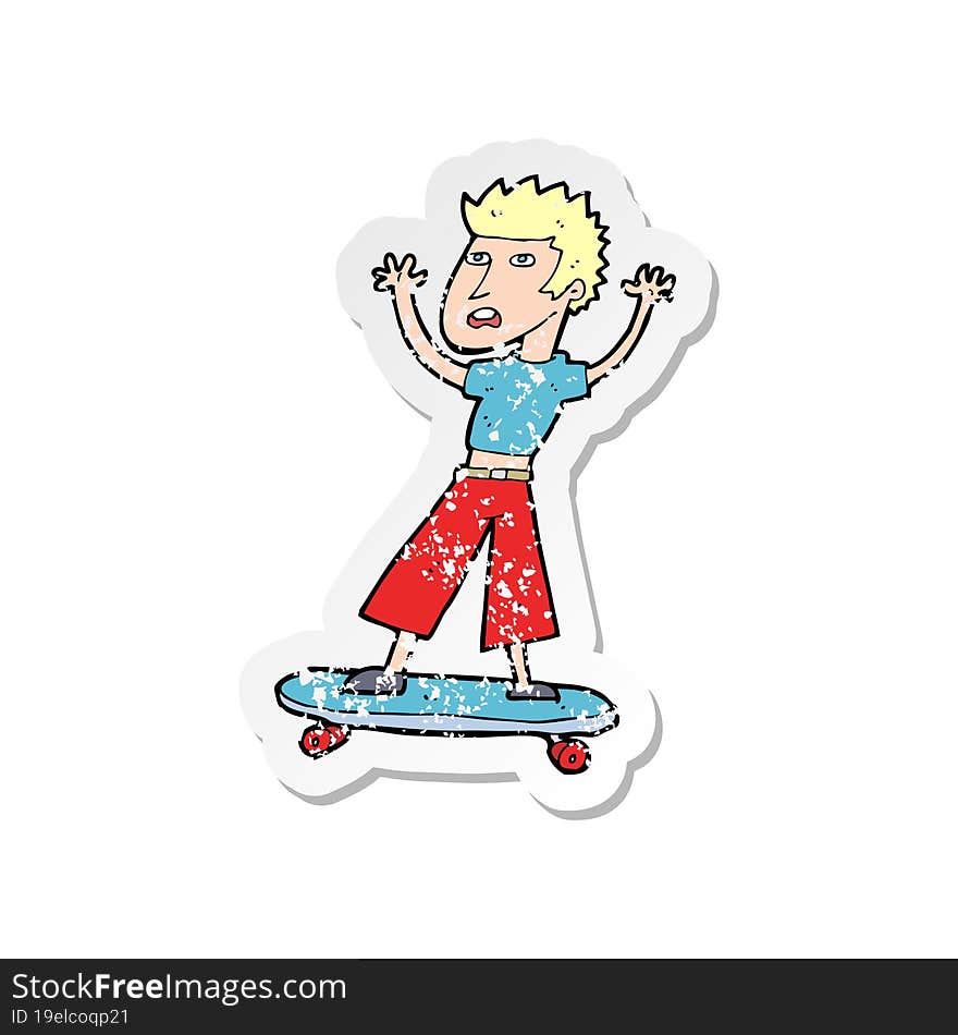 retro distressed sticker of a cartoon skater boy