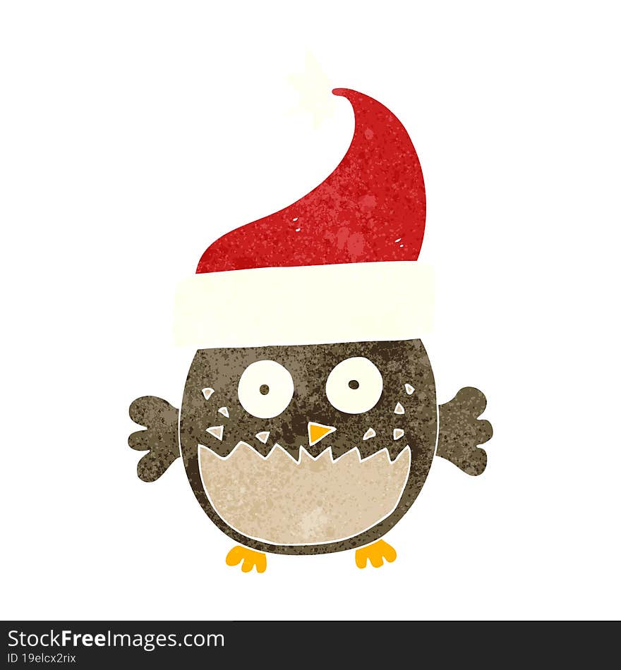 retro cartoon owl wearing christmas hat