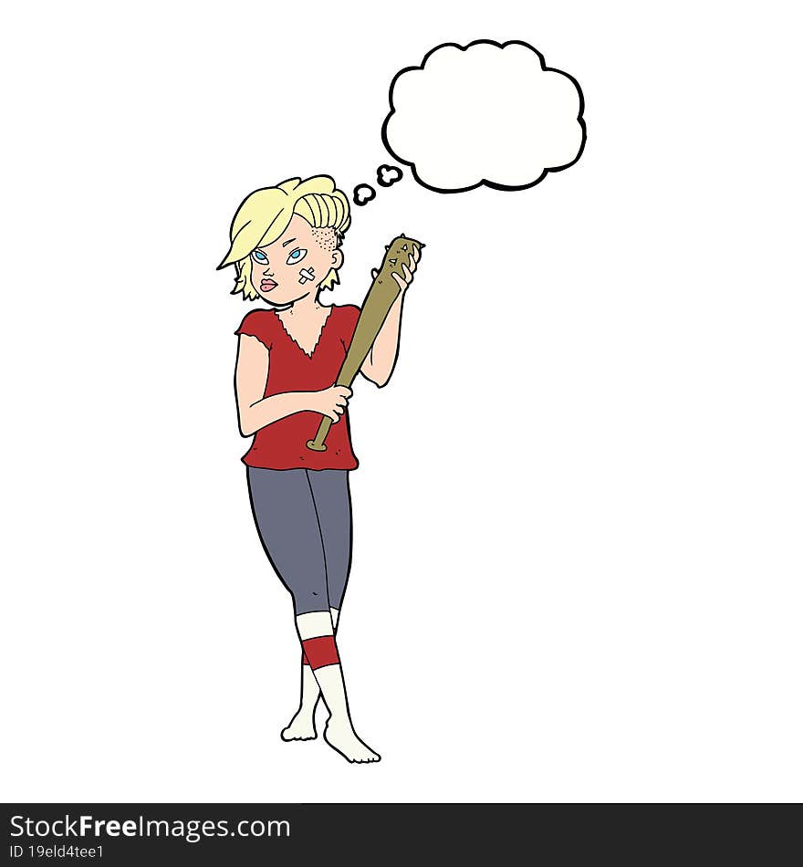 cartoon pretty punk girl with baseball bat with thought bubble