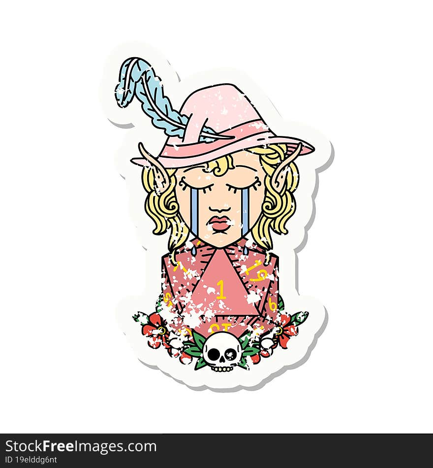 crying elf bard character with natural one D20 roll grunge sticker