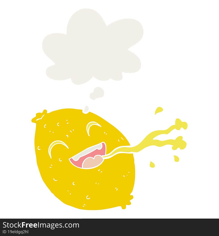 cartoon squirting lemon and thought bubble in retro style