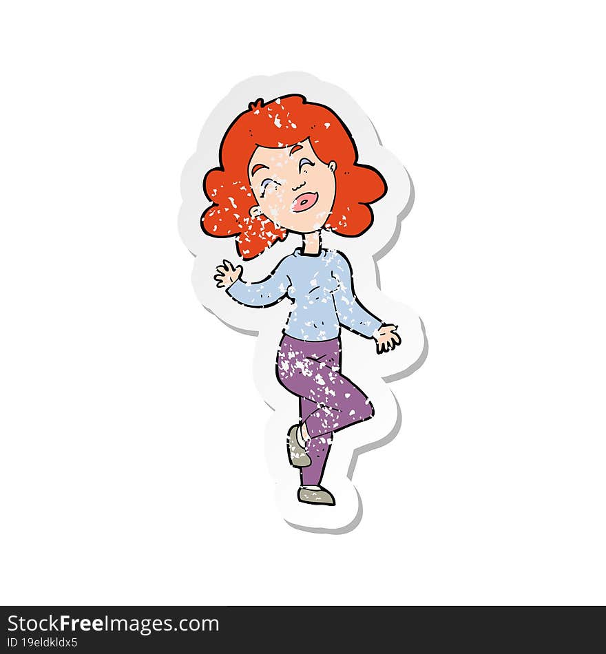 Retro Distressed Sticker Of A Cartoon Happy Woman Dancing