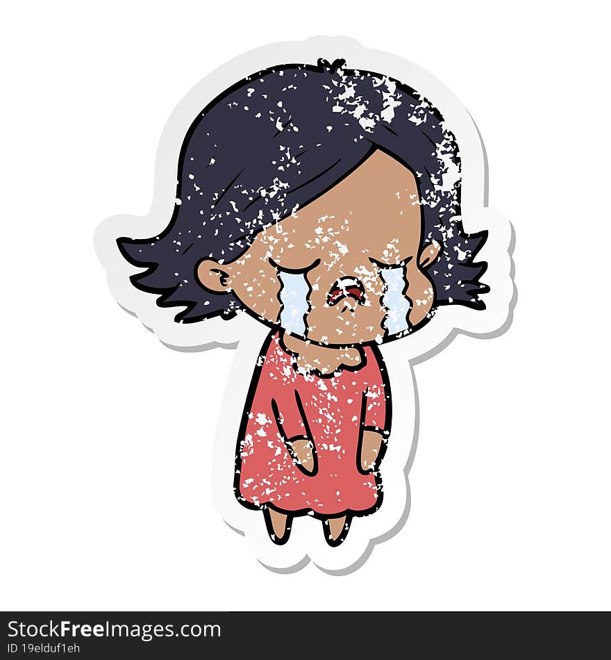 distressed sticker of a cartoon girl crying