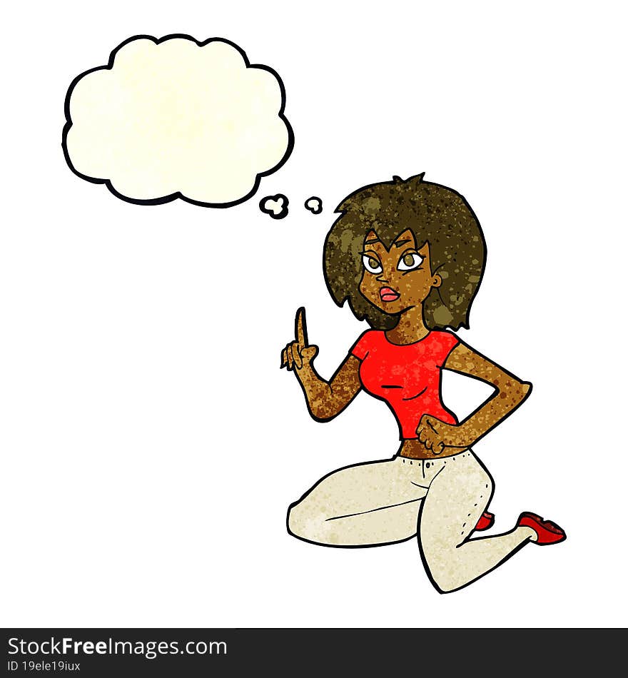 cartoon sitting woman with idea with thought bubble