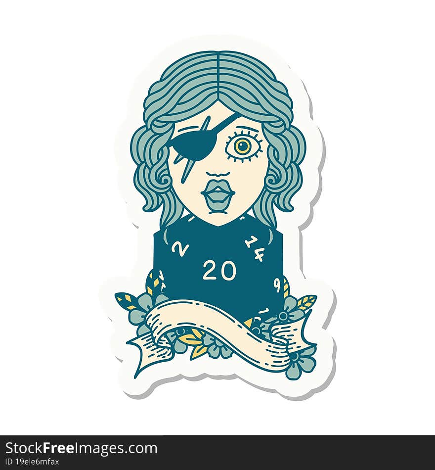 sticker of a human rogue with natural twenty dice roll. sticker of a human rogue with natural twenty dice roll