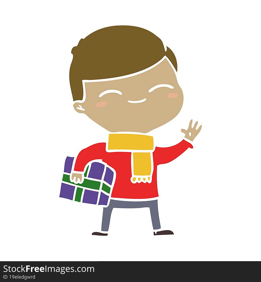 flat color style cartoon smiling boy with gift