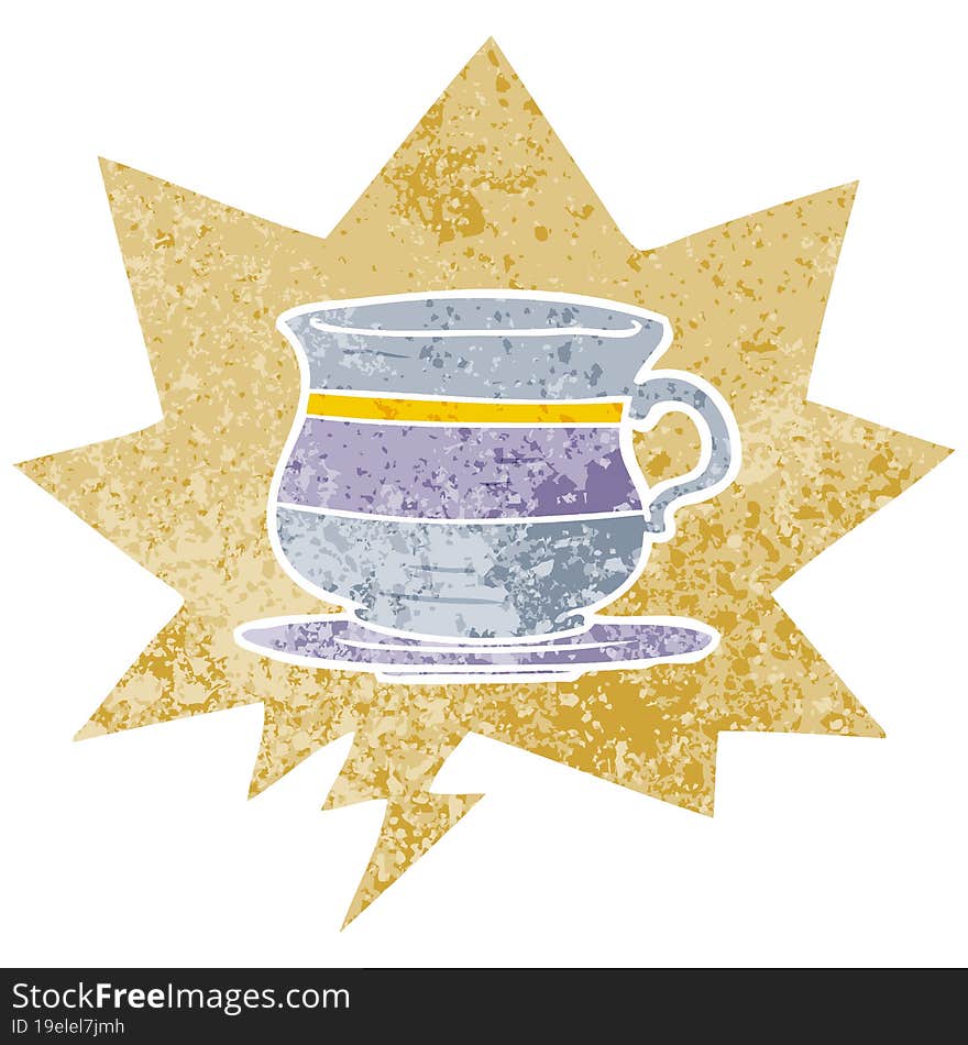 cartoon old tea cup and speech bubble in retro textured style