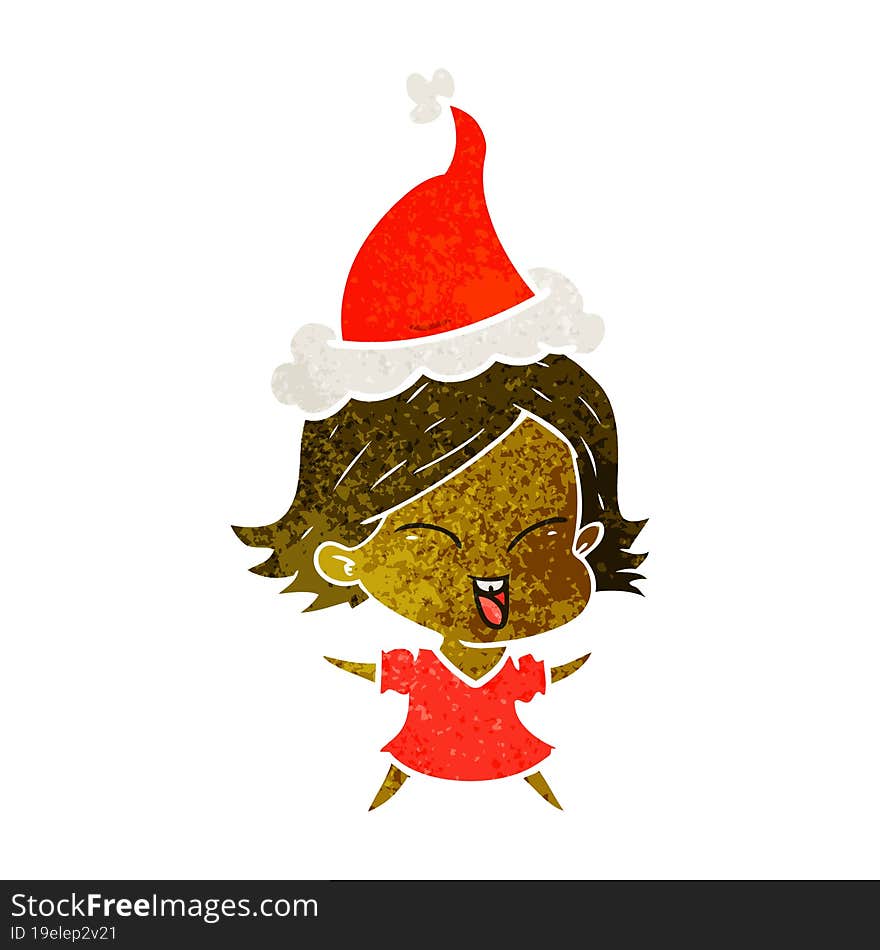 happy retro cartoon of a girl wearing santa hat