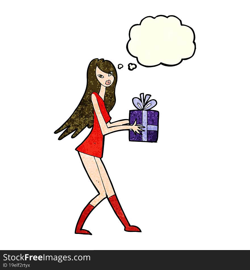 cartoon fashion girl with present with thought bubble