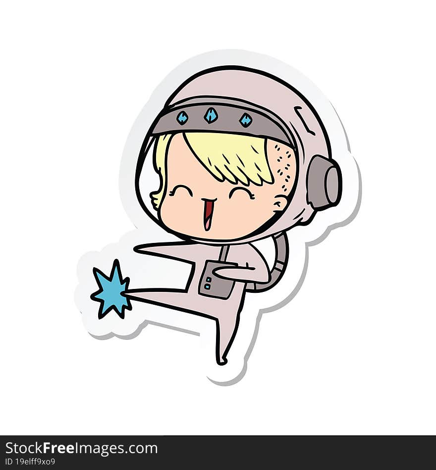 sticker of a happy cartoon space girl kicking