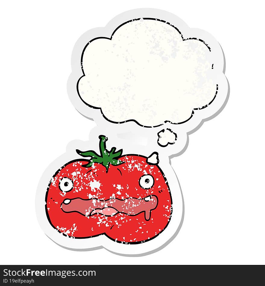 cartoon tomato and thought bubble as a distressed worn sticker