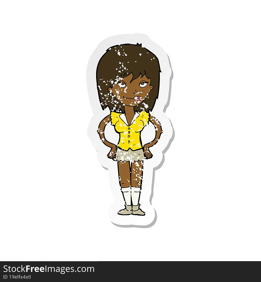 retro distressed sticker of a cartoon woman with hands on hips