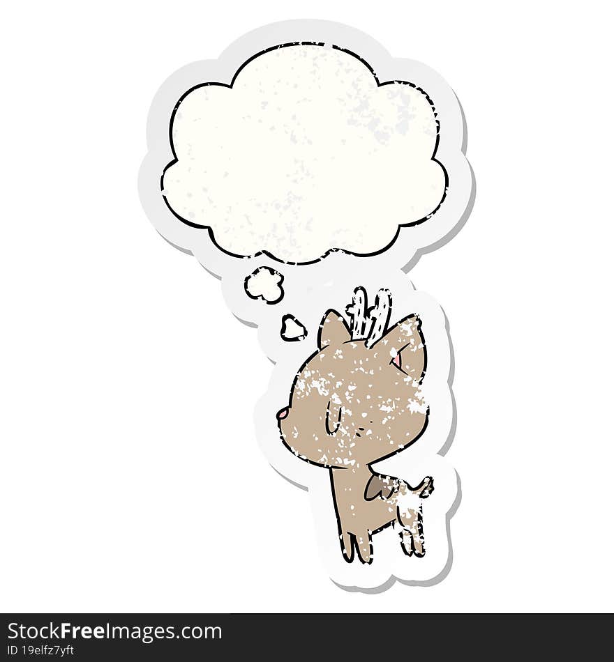 cartoon deer with thought bubble as a distressed worn sticker