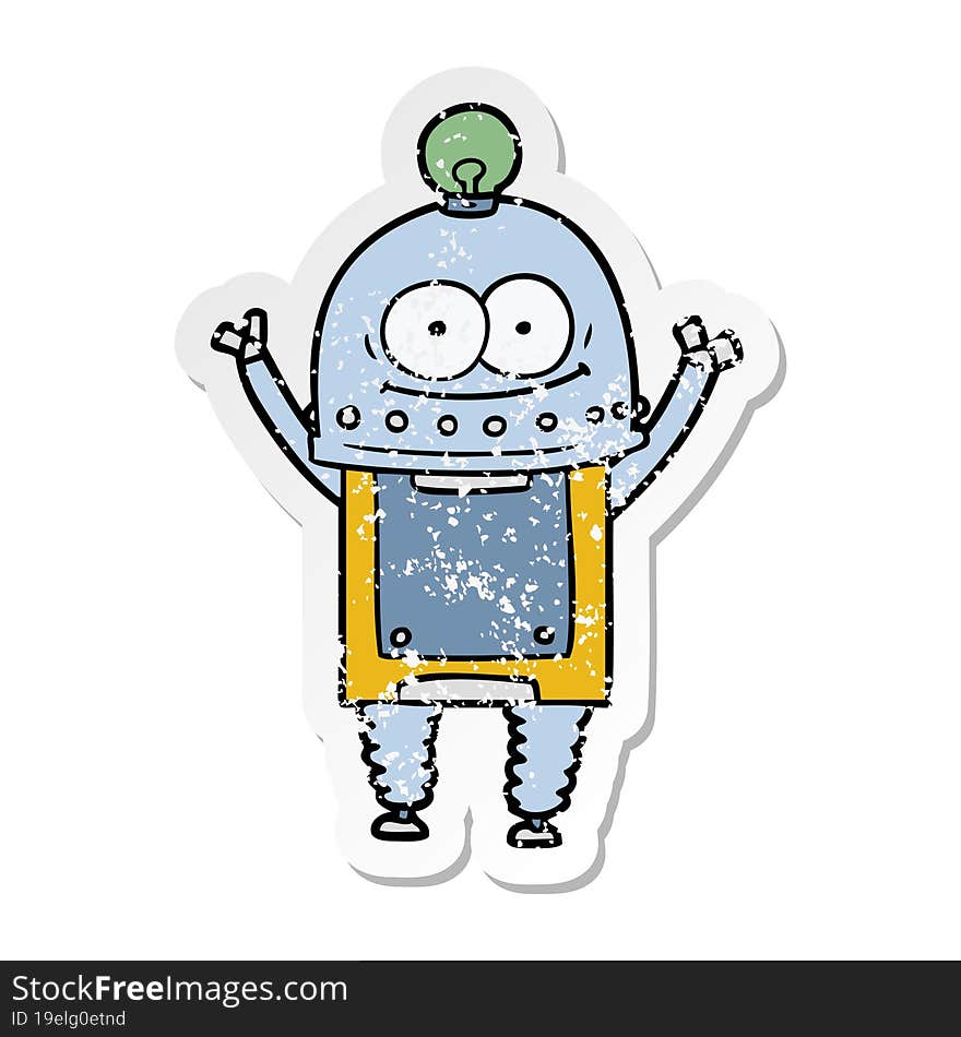 distressed sticker of a happy carton robot with light bulb