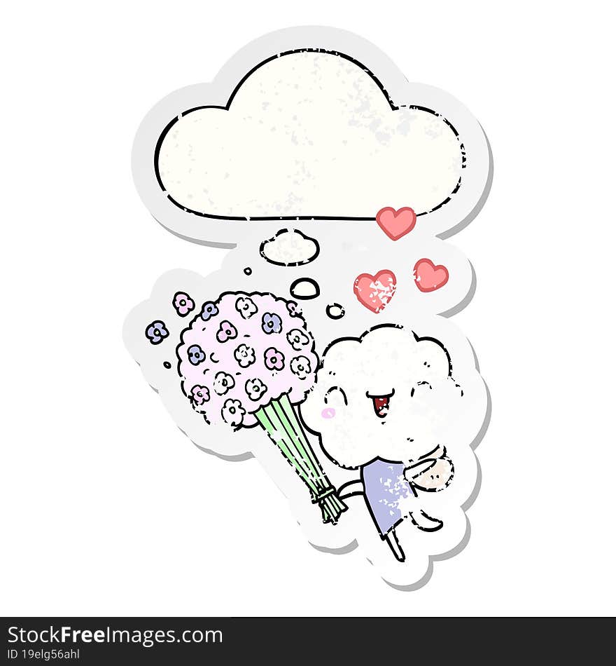 cute cartoon cloud head creature with thought bubble as a distressed worn sticker