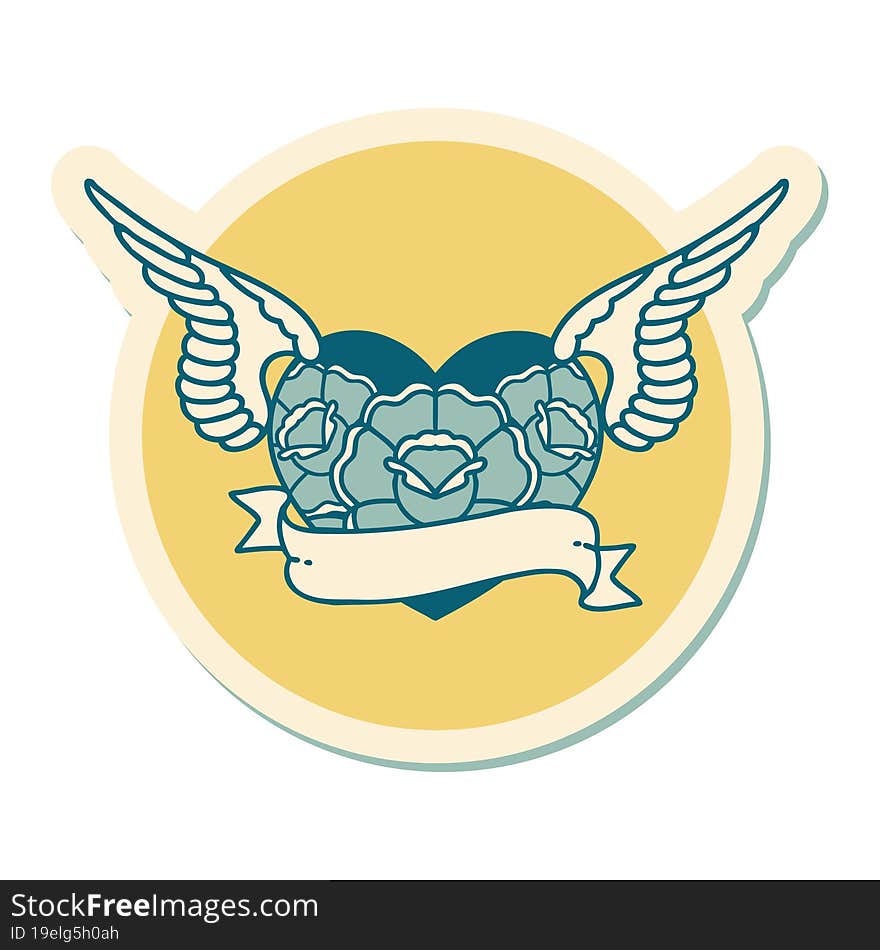 sticker of tattoo in traditional style of a flying heart with flowers and banner. sticker of tattoo in traditional style of a flying heart with flowers and banner