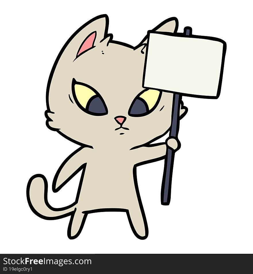 confused cartoon cat with protest sign. confused cartoon cat with protest sign