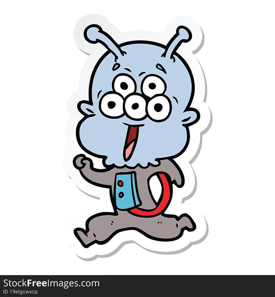 sticker of a happy cartoon alien running