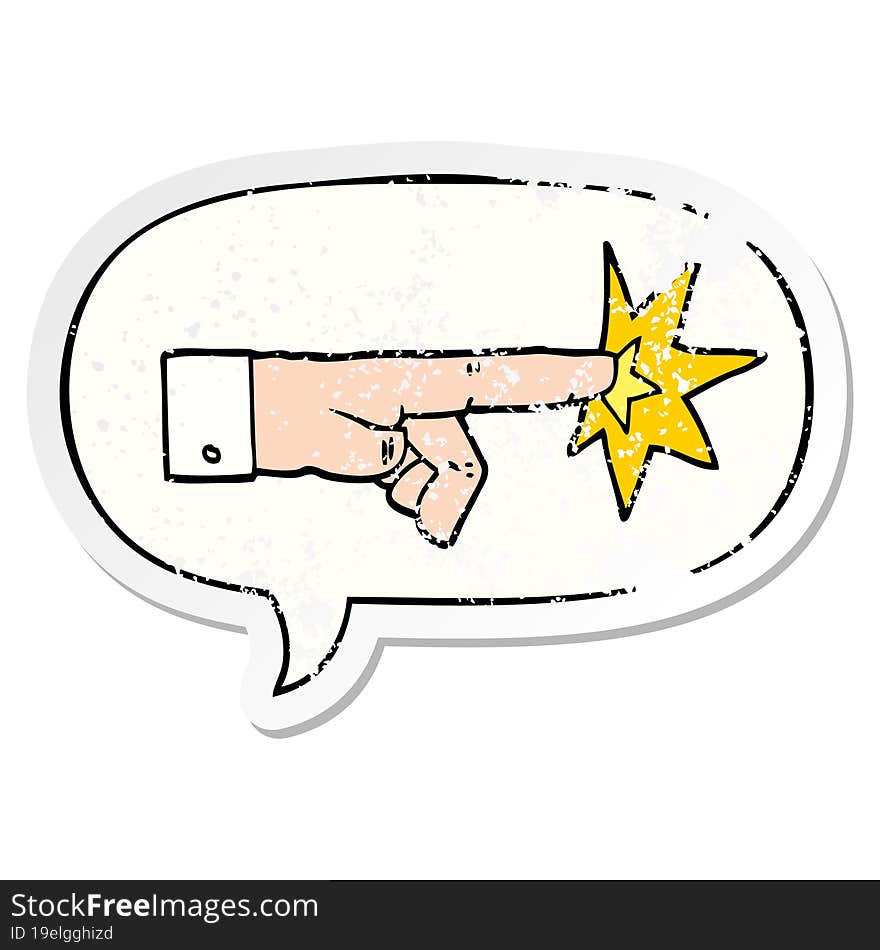 cartoon pointing hand and speech bubble distressed sticker