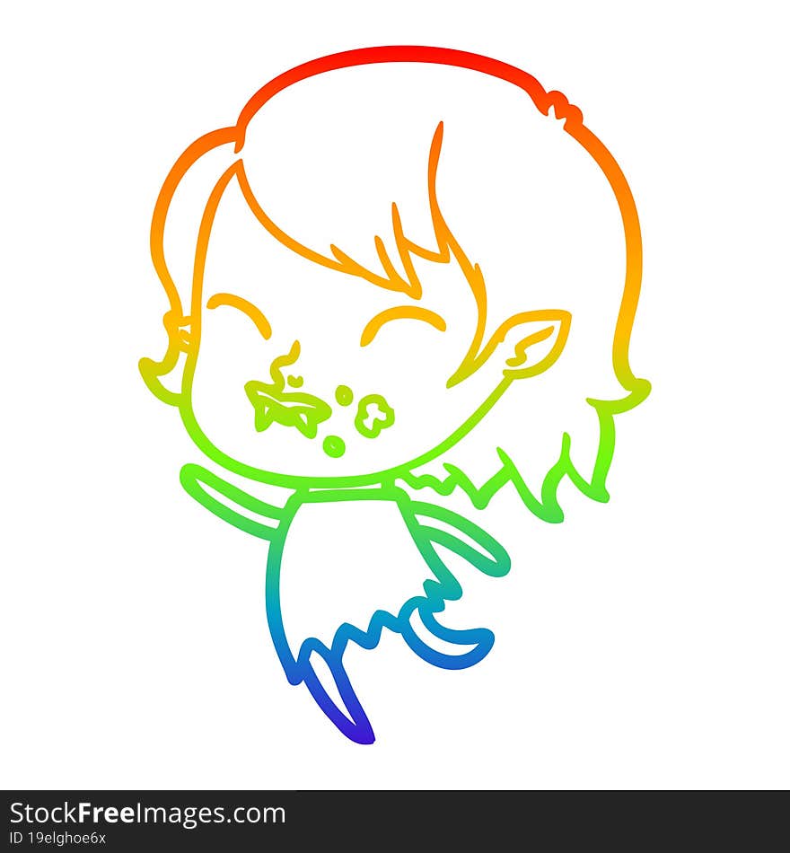 rainbow gradient line drawing cartoon vampire girl with blood on cheek