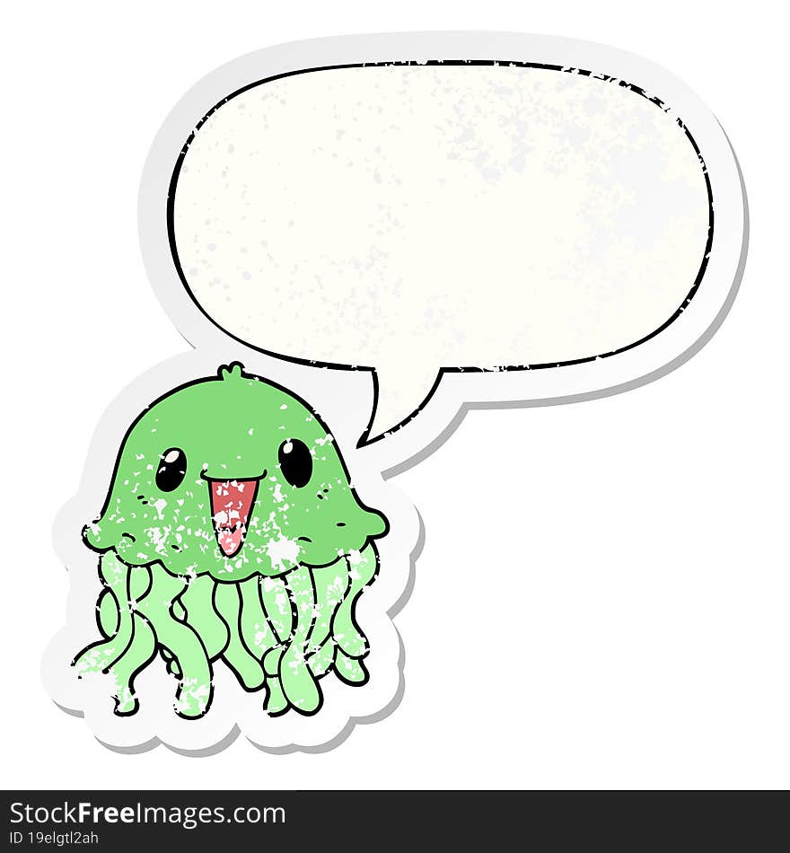 Cartoon Jellyfish And Speech Bubble Distressed Sticker