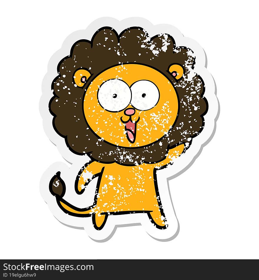 distressed sticker of a happy cartoon lion