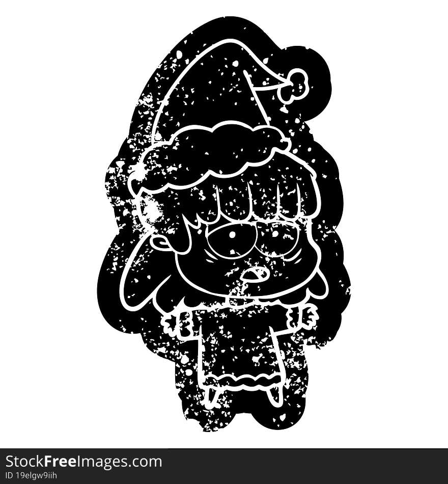 quirky cartoon distressed icon of a tired woman wearing santa hat