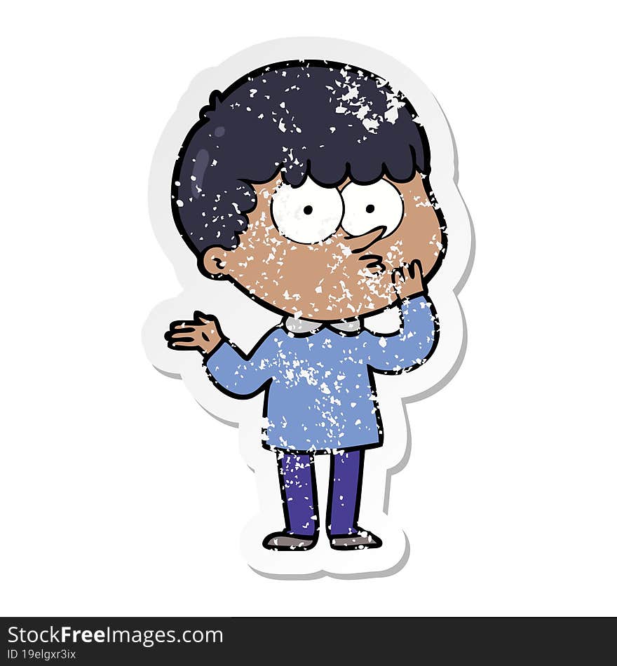 distressed sticker of a cartoon curious boy