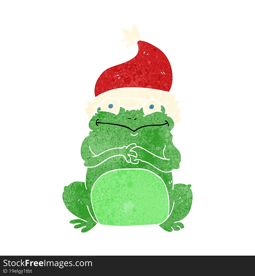 freehand retro cartoon frog wearing christmas hat