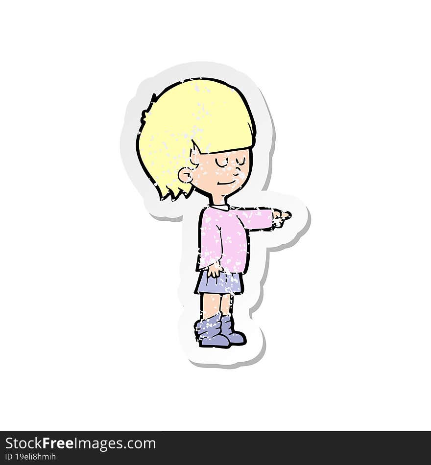 retro distressed sticker of a cartoon girl pointing