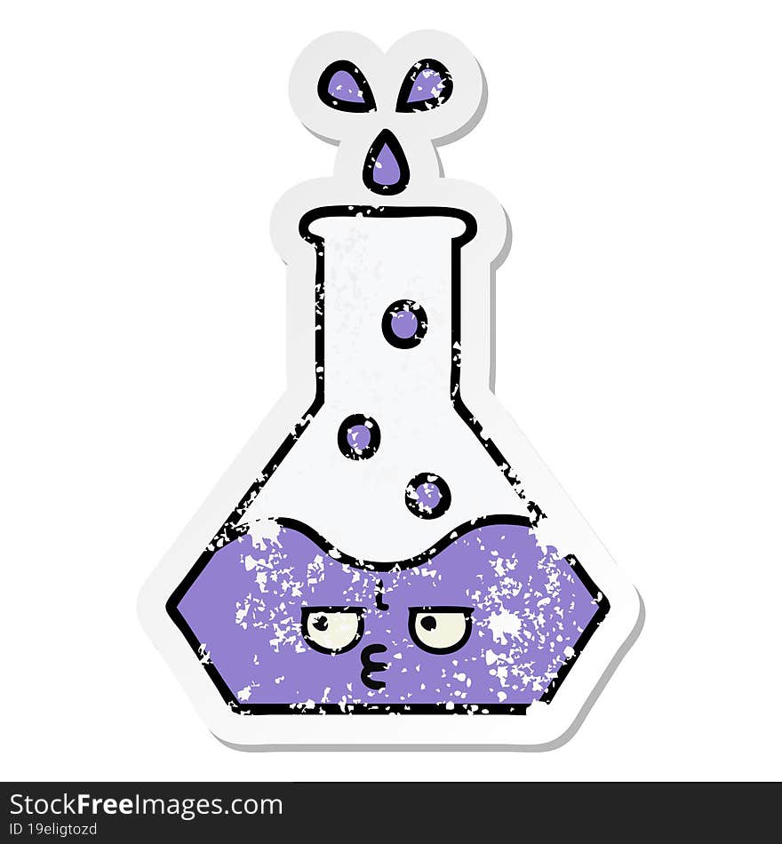 distressed sticker of a cute cartoon science beaker