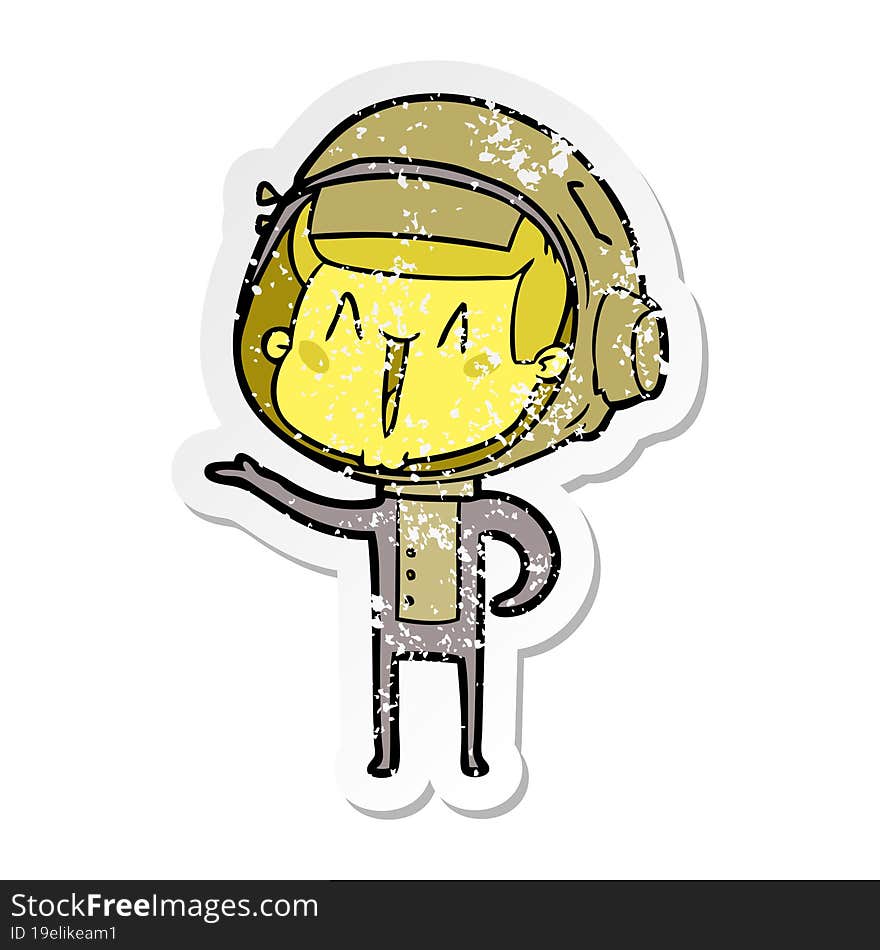 distressed sticker of a happy cartoon astronaut