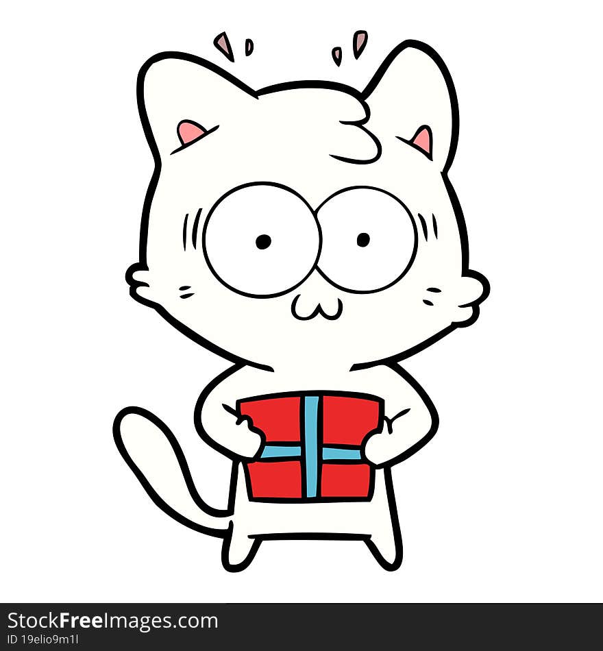 cartoon surprised cat with christmas present. cartoon surprised cat with christmas present