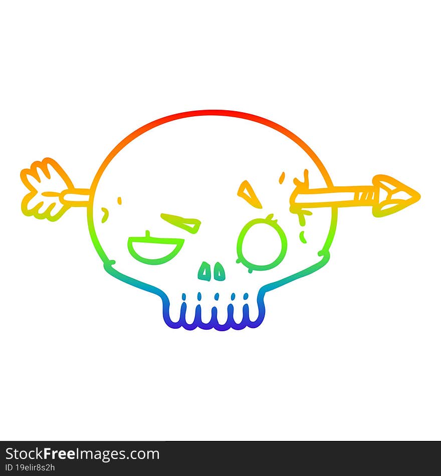 rainbow gradient line drawing cartoon skull shot through by arrow