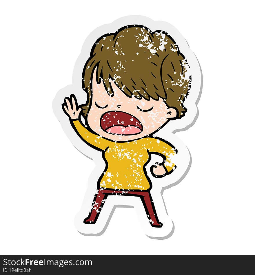 distressed sticker of a cartoon woman talking