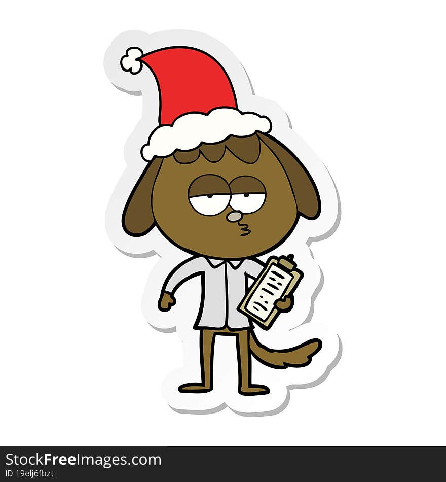 hand drawn sticker cartoon of a bored dog in office clothes wearing santa hat