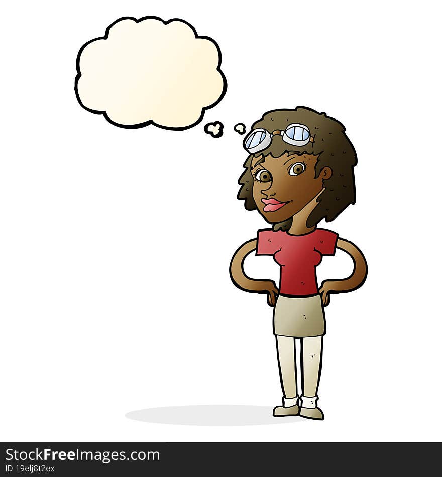 cartoon retro pilot woman with thought bubble