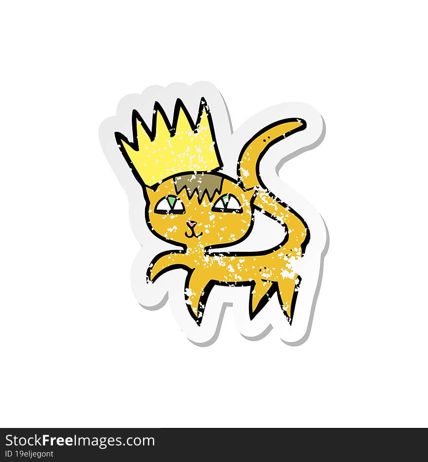 retro distressed sticker of a cartoon cat with crown