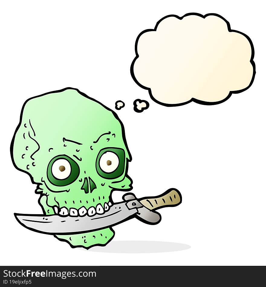 cartoon pirate skull with knife in teeth with thought bubble