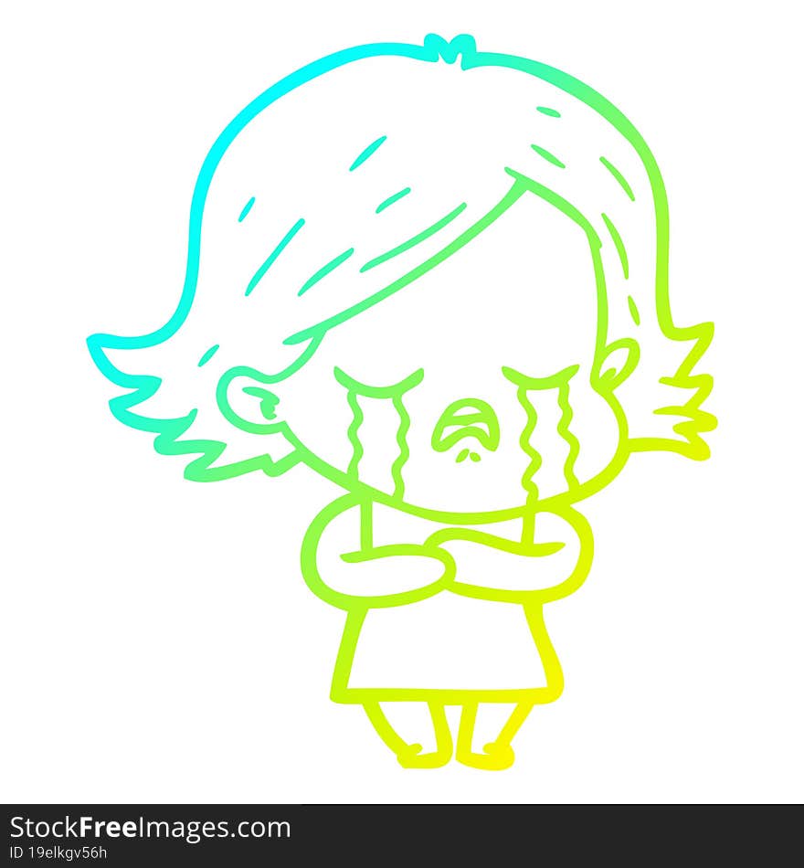 cold gradient line drawing of a cartoon girl crying