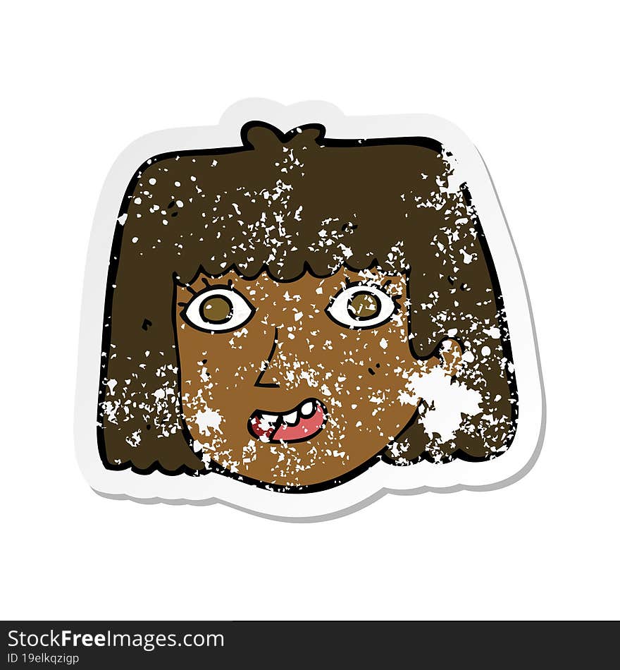 retro distressed sticker of a cartoon happy female face