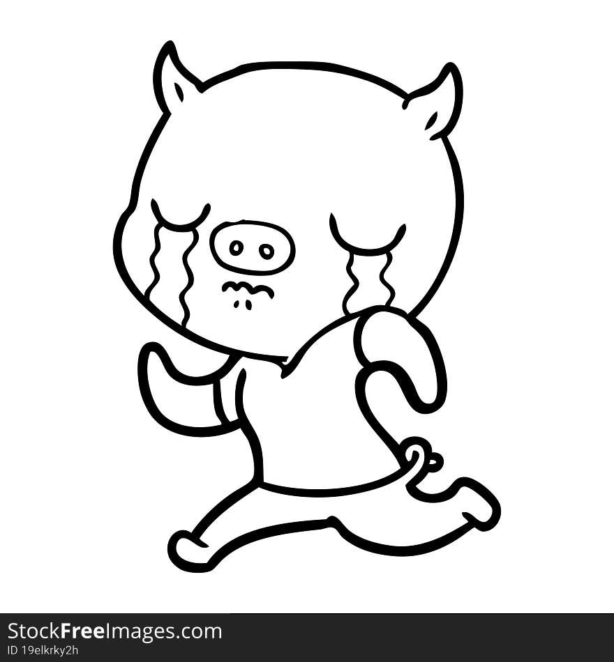 cartoon pig crying running away. cartoon pig crying running away