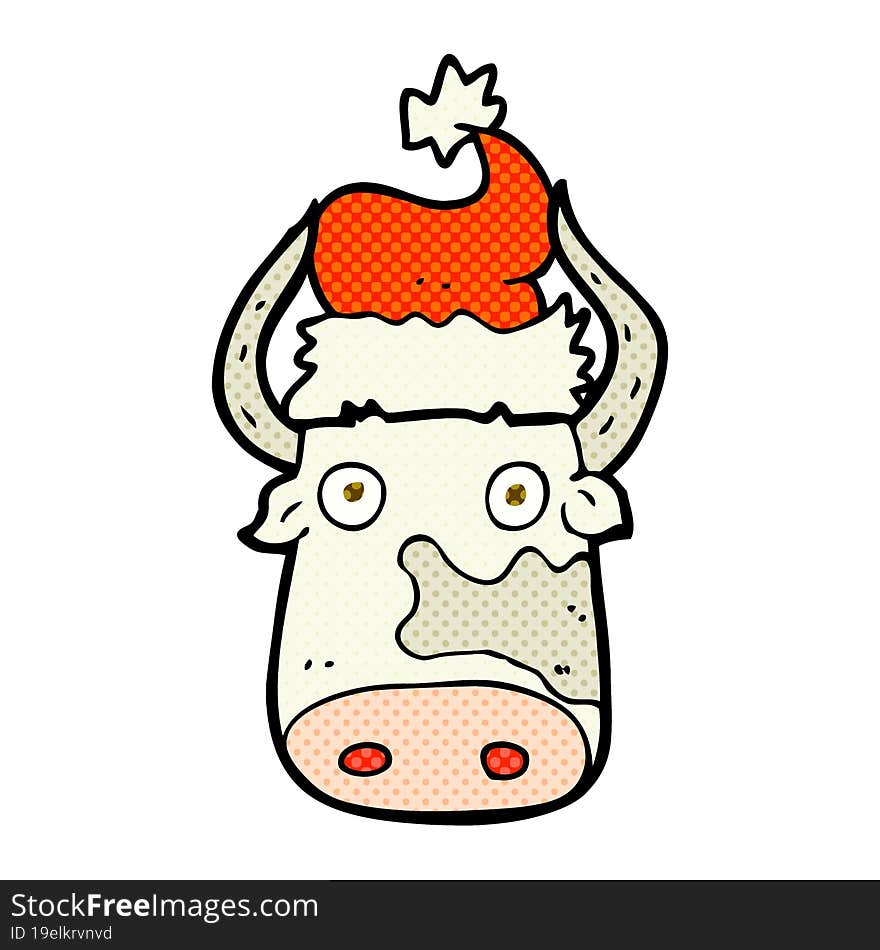 Cartoon Cow Wearing Christmas Hat