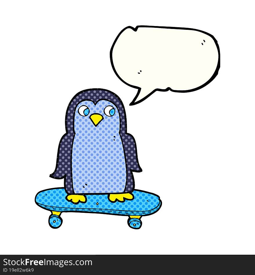 comic book speech bubble cartoon penguin riding skateboard