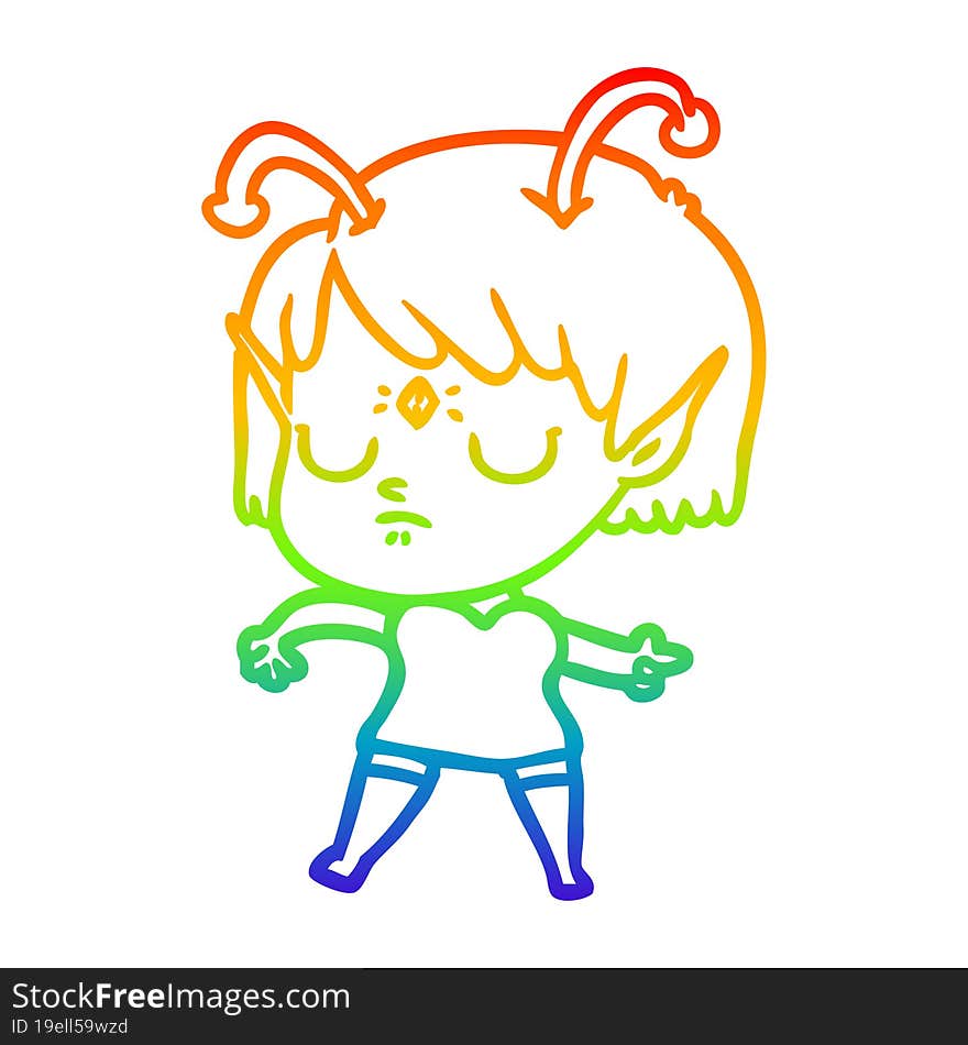 rainbow gradient line drawing of a cartoon alien girl