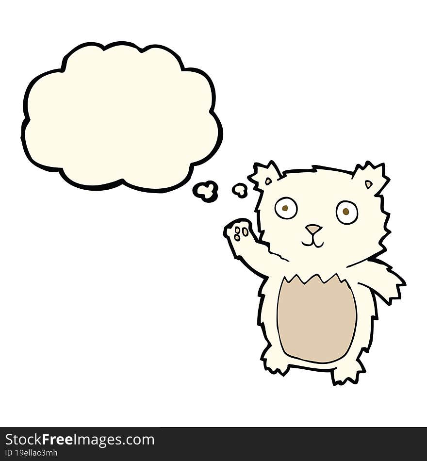 cartoon waving polar bear cub with thought bubble